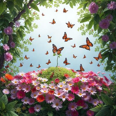 Primary subject: A flower with a butterfly on it.
Setting/background: A garden with a tree and flowers.
Visual style: Digital art.
Colors and mood: The image is colorful and has a cheerful atmosphere.